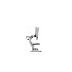 May include: A silver charm in the shape of a microscope. The microscope is detailed with a lens, stage, and base.