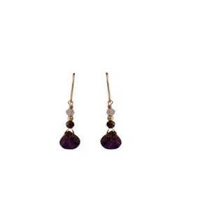 May include: A pair of gold dangle earrings with a purple gemstone, a brown bead, and a white bead.