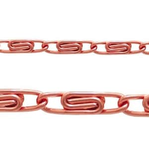 May include: A close-up of a copper chain with a unique, interlocking design. The chain is made of small, oval-shaped links that are connected together in a way that creates a continuous pattern.