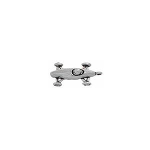 May include: A silver charm in the shape of a race car. The charm has four wheels and a driver's seat.