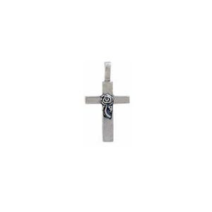 May include: A silver cross pendant with a rose design. The cross is simple and elegant, with a small rose in the center.