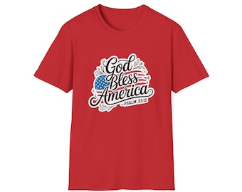 Maglietta "God Bless America" / T-shirt unisex in tessuto morbido, abbigliamento patriottico, 4 luglio, Memorial Day, Giorno dell'Indipendenza, moda ispirata alla fede.