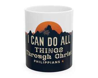 Religious Scripture Ceramic Mug, Christian Coffee Cup, Philippians 4:13, Bible Verse Quote Gift, Tea Mug, Inspirational Drinkware