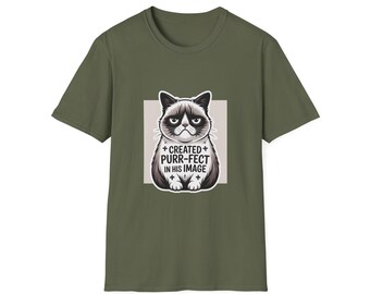 Maglietta con gatto "Creato Purr-perfetto a Sua Immagine" / Maglietta divertente con scritta "Cristiano Fedele" per frequentatori di chiesa, credenti di tutti i giorni e come regalo religioso.