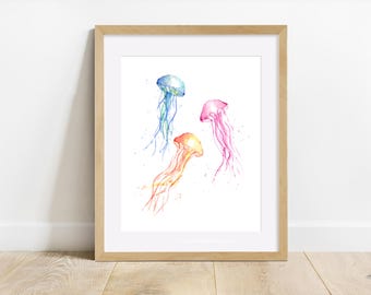 Jellyfish Watercolor Art Print, Sea Life Illustration