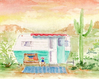 Desert Camper Watercolor Painting Print from Original Watercolor Painting, Camping Art, Camping Prints, Desert Watercolor Print, Outdoor Art