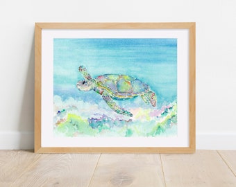 Watercolor Sea Turtle Art Print, Linen Cardstock
