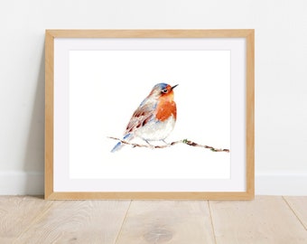 Robin Vogel Aquarell Malerei Druck, Vogel auf Ast Art