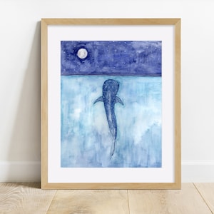 Whale Shark Watercolor Painting Print from Original Watercolor Painting, Whale Shark Under the Moon Watercolor Art Print, Whale Art Print