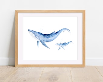 Mama and Baby Whale Art Print, Humpback Whales Watercolor Painting