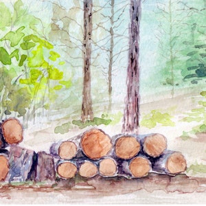 Wood Logs Watercolor Painting Print from Original Watercolor Painting, Sequoia National Forest, Pile of Wood Logs, Titled, &quot;Hume Lake Logs&quot;