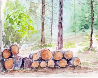 Wood Logs Watercolor Painting Print from Original Watercolor Painting, Sequoia National Forest, Pile of Wood Logs, Titled, "Hume Lake Logs"