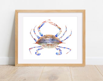 Blue Crab Watercolor Painting Print, Ocean Coastal Art