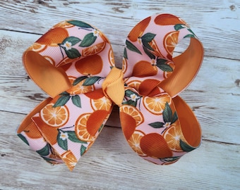 Orange Twisted Boutique Bow, Orange and Green Boutique Bow, Oranges Print Bow, Oranges Bow, Small Bow, Fruit Hair Bows, Alligator Clip Bows