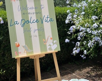 La Dolce Vita Pool Party, Welcome Sign, Wedding, Celebration, Green and White Stripes, Aperol, Rose