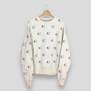 Vintage Y2K Champion Reverse Weave White Sweatshirt Medium Champion Logo All Over Print Logo Jumper Champion Usa Sportswear Sweater Size M