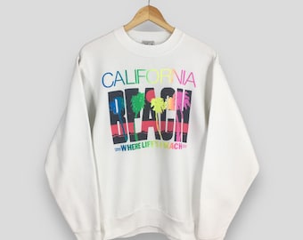 Vintage Kalifornien Strand Weißes Sweatshirt Großes Kalifornien Strand-Spell-Out-bedrucktes Rundhalsausschnitt Cal State Pullover Kalifornien USA Pullover Größe L