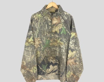 Vintage Jerzees Outdoors Mossy Oak Half Zipper Sweatshirt 3XLarge Camouflage Real Tree Hunting Jumper Forest Leaf Printed Sweater Size 3XL