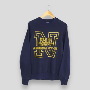 Vintage 90s United States Navy Blue Sweatshirt Large Navy America CV-66 War Ship Printed Crewneck Military Us Naval Academy Sweater Size L