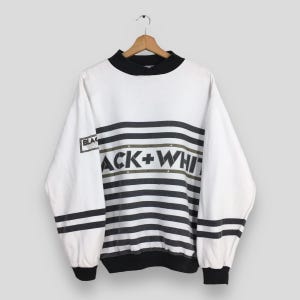 Vintage 90s Black + White Stripes Sweatshirt Medium Black And White Crewneck Striped Sweater Retro College Striped Pullover Jumper Size M