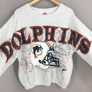 Vintage 90s Miami Dolphins NFL Gray Sweatshirt XLarge Miami Dolphins Big Printed Spell Out Crewneck Miami Dolphins Football Sweater Size XL