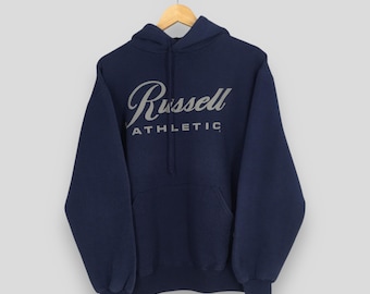 Vintage jaren 90 Russell Athletic blauwe hoodie sweater medium Russell Athletic groot logo gedrukte trui Russell Athletic minimalistische trui M