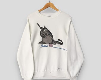Vintage 90s B. Kliban Cat White Sweatshirt Medium Funny Cat Hawaii Golfing Printed Graphic Pullover Crazy Shirts Jumper Aesthetic Sweater M