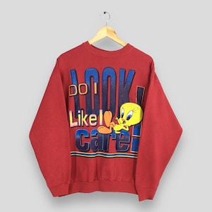 Sudadera roja vintage de los años 90 con cuello redondo y estampado de Tweety Bird Looney Tunes de Warner Bros., talla mediana, con dibujos animados, Tweety Do I Look Like I Care, talla M