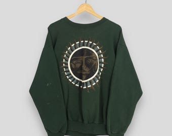 Vintage 90s Celestial Sun Face Green Sweatshirt XLarge Sun Moon Face Printed Graphics Jumper Retro Aesthetic Sun Art Preppy Sweater Size XL