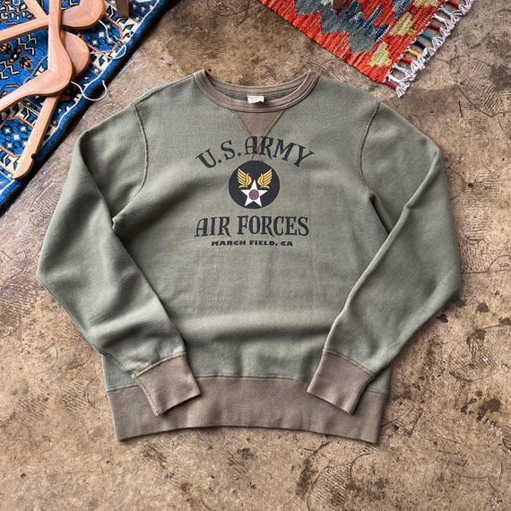 Buzz Rickson's, Vintage Buzz Rickson U.S. Army Green Sweatshirt Medium Us Air Forces March Fields Printed Pullover 50s Single V Usafa Army Sweater Size M