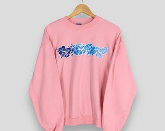 Vintage Roxy Surf Pink Sweatshirt Large Roxy Aloha Surfer Pullover Roxy Hibiscus Floral Printed Jumper Roxy Surf Wear Women Sweater Size L