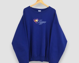 Vintage Tigger Disney Blue Sweatshirt 2XLarge Tigger Cartoon Embroidered Crewneck Winnie The Pooh Character Jumper Disneyland Sweater 2XL