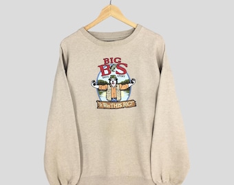 Vintage Big Dogs Bass Story Beige Sweatshirt XLarge Big Dogs Angler Embroidered Crewneck Fisherman Rod and Reel Grouper Sweater Size XL