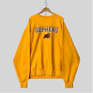 Vintage University Of Minnesota Yellow Sweatshirt 2XLarge Minnesota Gophers Embroidered Logo Jumper UMN Golden Gophers Pullover Sweater 2XL