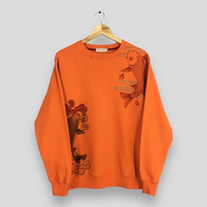 Vintage Fish Koi Sukajan Japan Orange Sweatshirt Large 90&#39;s Sukajan Koi Fish Printed Souvenir Japanese Culture Tattoo Dragon Crewneck Size L
