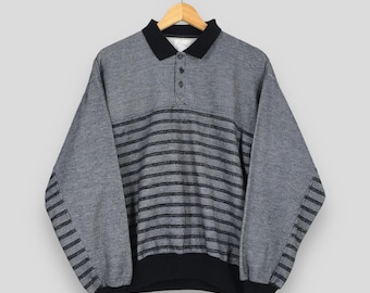 Bluza polo w paski poziome Vintage Envoy USA, duża, sportowa, w stylu retro, szary sweter w paski, damski sweter zapinany na guziki, rozmiar L