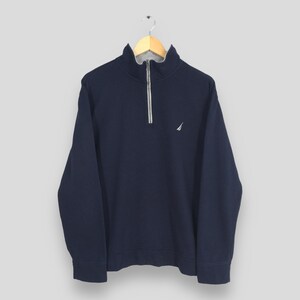 May include: A navy blue quarter-zip sweatshirt with a small white logo on the left chest.