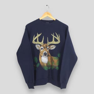Vintage Deer Animal White-Tailed Blue Sweatshirt Large Wildlife Deer Graphic Sweater Thrill Of Hunt Deer Pullover Moose Deer Jumper Size L