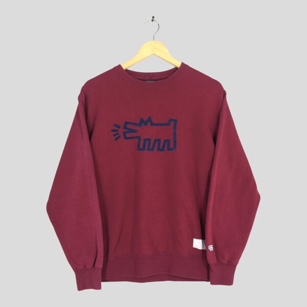 Sudadera roja vintage con diseño de perro ladrador de Keith Haring, talla mediana, con gráfico de Keith Haring Doodle Artwork, suéter de artista pop Keith Haring, talla M