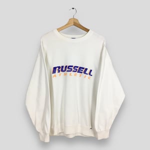 Vintage 90s Russell Athletic White Sweatshirt Medium Russell Athletics Spell Out Printed Crewneck Russell Athletic Sportwear Jumper Size M