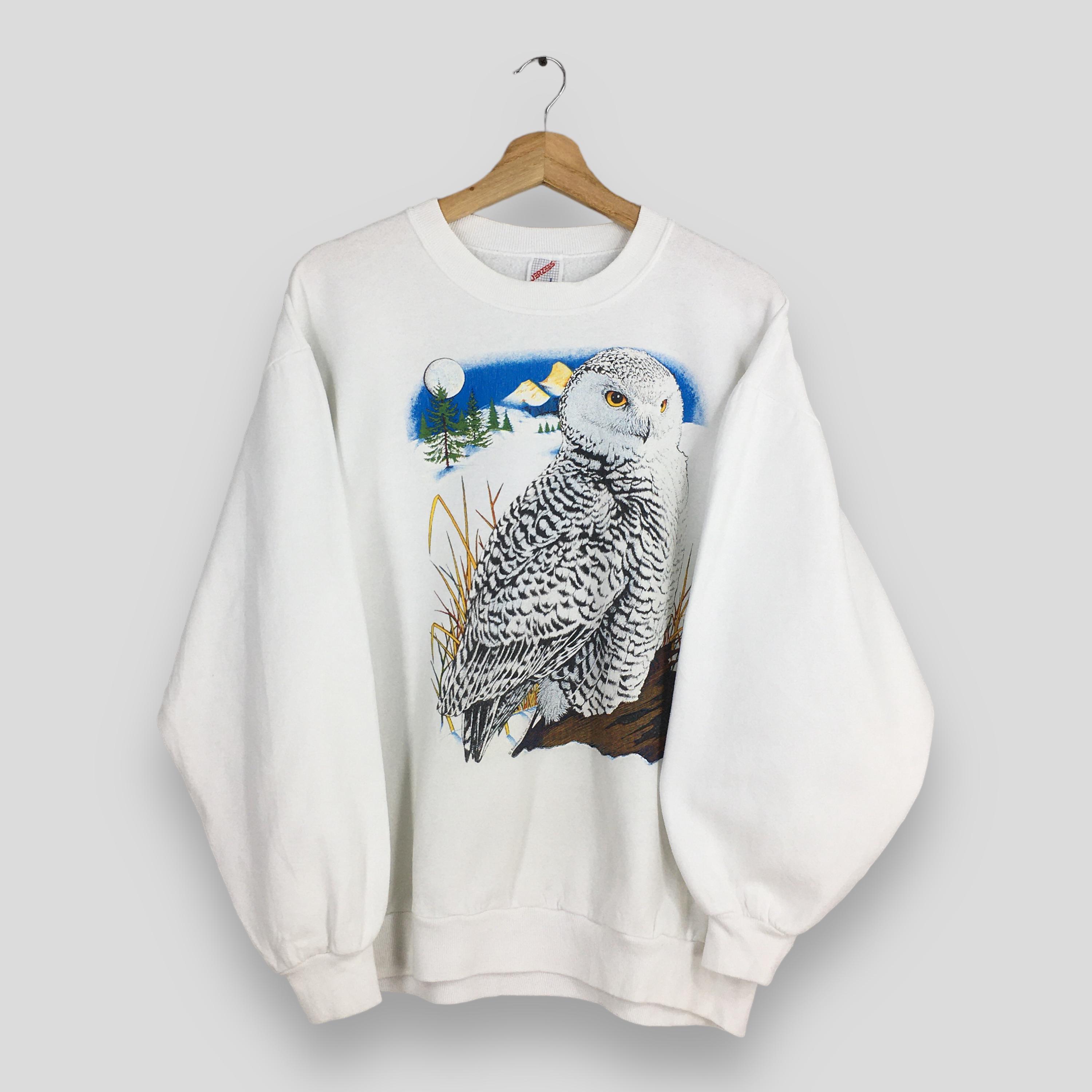 Vintage 90s Alaska Snowy Owl White Sweatshirt Large Snowy Owl Graphics Crewneck Owl Hunting Bubo Sca