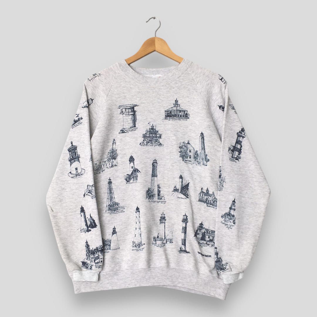 Lighthouse Jumper Pattern Vintage 90s Lighthouse of the United States Gray Sweatshirt Xlarge Pop ...