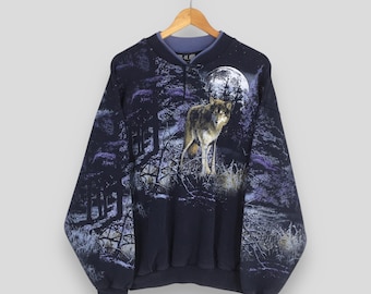 Vintage 90s Wolf Graphic Fleece Hoodie - Sherpa Lined M/L
