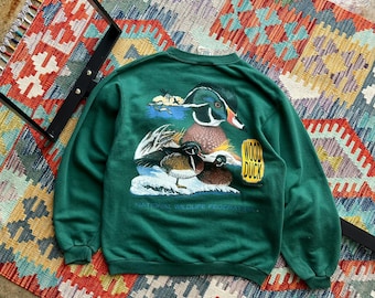 vintage des années 90 NWF National Wildlife Federation sweat-shirt moyen canard colvert Habitat imprimé col rond canard branchu Nature vert pull taille M