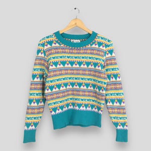 Vintage jaren 80 Courreges Paris gebreide trui Native patroon XSmall Courreges Sport Futur Multicolor gebreide trui Courreges vrouwen trui wol XS