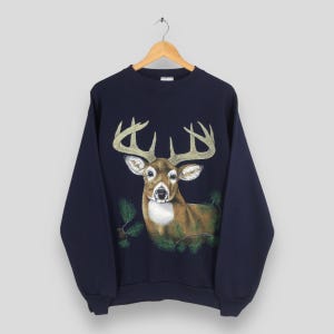 Vintage Deer Animal White-Tailed Blue Sweatshirt XLarge Deer Head Graphic Sweater Thrill Of Hunt Deer Pullover Deer Habitat Jumper Size XL
