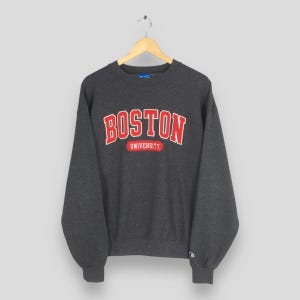 Felpa vintage Y2K Boston University grigia, girocollo con ricamo Boston University, maglione Champion Boston, taglia L.