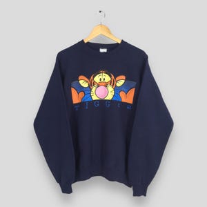 Vintage 90s Tigger Disney Blue Sweatshirt Small Tigger Big Printed Crewneck Winnie The Pooh Cartoon Jumper Tigger Disneyland Sweater Size S