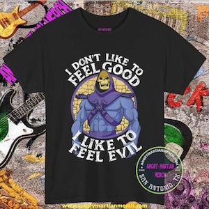 Camiseta retro de dibujos animados de los años 80 con la frase "Me gusta sentirme malvado" de Skeletor