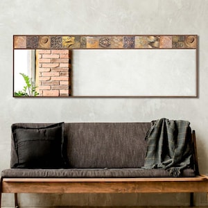 Mediterranean Full Length Wall Mirror – Handmade Pine Wood Frame with Natural Stone Tiles & Flotal Glass for Rustic Boho Home